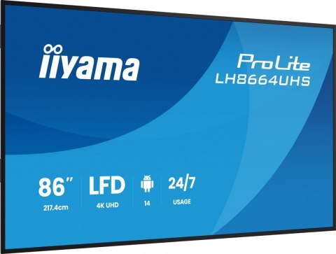 IIYAMA Monitor 86 cali LH8664UHS-B3AG 24/7,IPS,ANDROID 14,4K,2xHDMI,RJ45, 2xUSB,WiF,iUSB-C(DP-Alt),2x16W, iiSignage? (CMS), iiContro