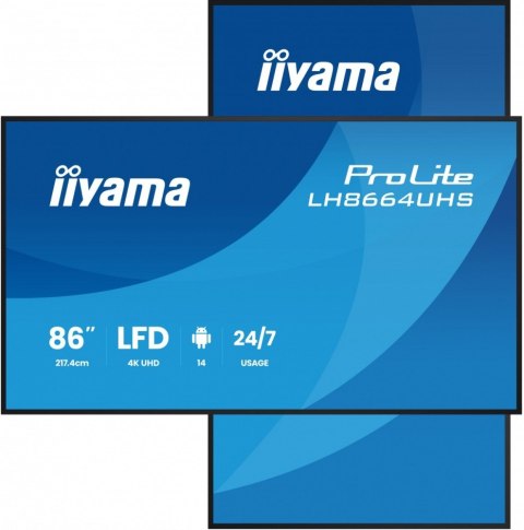 IIYAMA Monitor 86 cali LH8664UHS-B3AG 24/7,IPS,ANDROID 14,4K,2xHDMI,RJ45, 2xUSB,WiF,iUSB-C(DP-Alt),2x16W, iiSignage? (CMS), iiContro