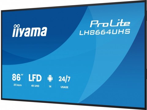 IIYAMA Monitor 86 cali LH8664UHS-B3AG 24/7,IPS,ANDROID 14,4K,2xHDMI,RJ45, 2xUSB,WiF,iUSB-C(DP-Alt),2x16W, iiSignage? (CMS), iiContro