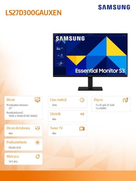 Samsung Monitor 27 cali S30GD IPS 1920x1080 FHD 16:9 1xHDMI 1xD-Sub 5ms 100Hz płaski 3YOn-Site (LS27D300GAUXEN)