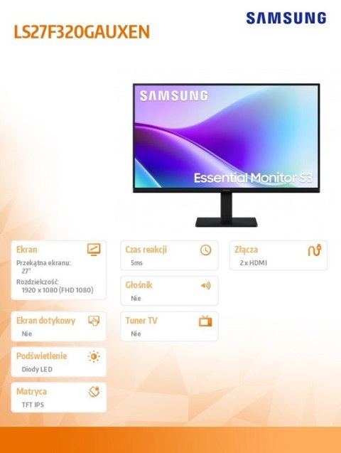 Samsung Monitor 27 cali S32GF IPS 1920x1080 FHD 16:9 2xHDMI 5ms 120Hz płaski 3YOn-Site (LS27F320GAUXEN)