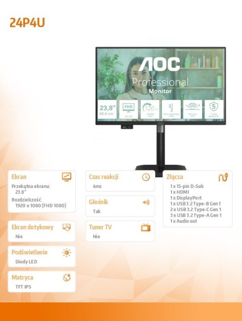 AOC Monitor 23.8 cala 24P4U IPS 120Hz HDMI DP USB-C