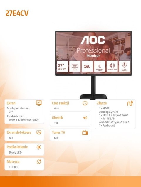 AOC Monitor 27 cali 27E4CV IPS 120 Hz HDMI DP USB-C RJ45