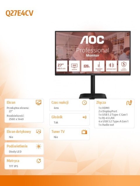 AOC Monitor 27 cali Q27E4CV IPS 120Hz HDMI DP USB-C RJ45