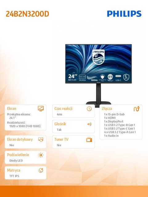 Philips Monitor 24.1 cala 24B2N3200D IPS 16:10 100Hz HDMI DP VGA Pivot