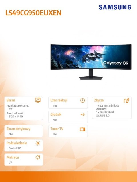 Samsung Monitor 49 cali Odysey G9 G95C VA 5120x1440 DQHD 32:9 2xHDMI 1xDP 2xUSB 2.0 1ms 240Hz zakrzywiony 3Yd2d (LS49CG950EUXEN)