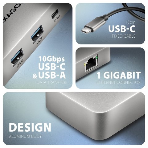 AXAGON HMC-CUB83X2 Wieloportovy hub USB 7in1, 10Gbps, 2x USB-A, 1x USB-C, 1x HDMI 4K/144Hz, DP 8K/30Hz, GLAN, PD 100W, 15cm USB-C kabel