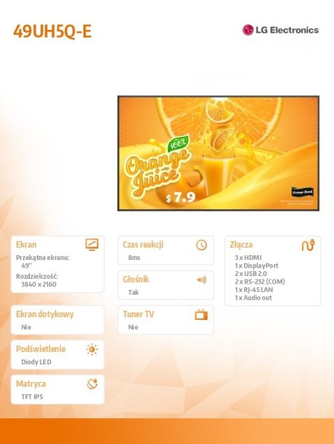 LG Electronics Monitor wielkoformatowy 49 cali 49UH5Q-E 500cd/m2 UHD 24/7