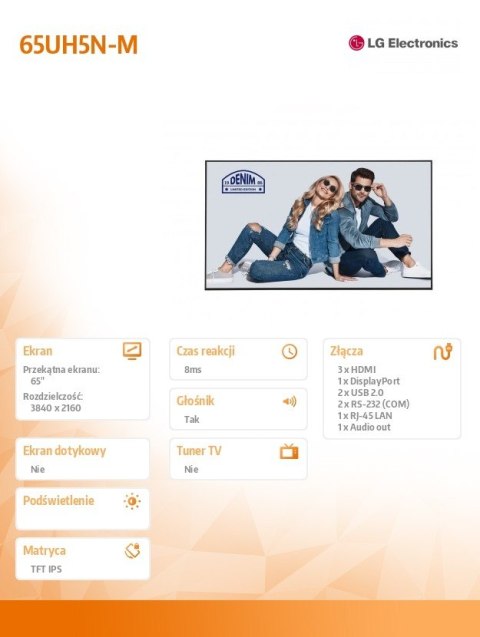 LG Electronics Monitor wieloformatowy 65UH5N-M IPS 500cd/m2 24/7