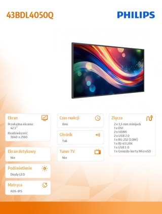 Philips Monitor wielkoformatowy 43 cale 43BDL4050Q Public Display