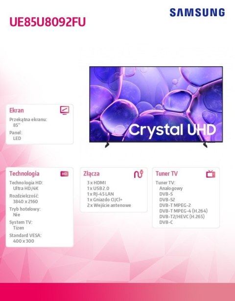 Samsung Telewizor LED 85 cali UE85U8092FUXXH