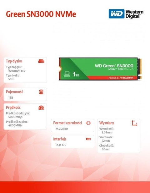 Western Digital Dysk SSD Green 1TB M.2 2280 SN3000 NVMe PCIE4.0