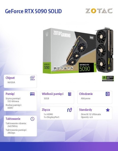 ZOTAC Karta graficzna RTX 5090 SOLID 32GB GDDR7 512bit 3DP/HDMI