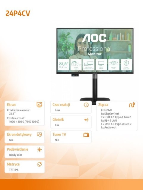 AOC Monitor 24P4CV 23.8 cala IPS 120Hz HDMI DP RJ45 USB-C Pivot Głośniki