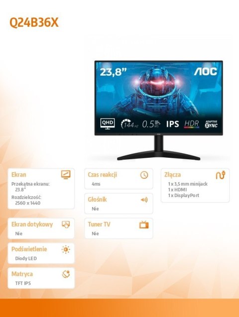AOC Monitor Q24B36X 23.8 cala IPS 144Hz HDMI DP