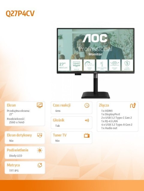 AOC Monitor Q27P4CV 27 cali IPS 120 Hz HDMI DP RJ45 USB-C Pivot Głośniki