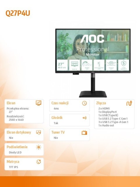 AOC Monitor Q27P4U 27 cali IPS 120 Hz HDMIx2 DP USB-C Pivot Głośniki