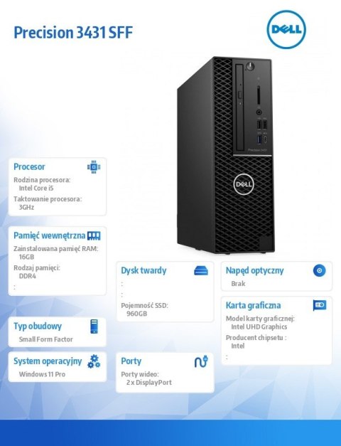 Dell Komputer poleasingowy Precision 3431 SFF i5-9500 (9-gen.) 3.0GHz 16GB / 960GB SSD NVME (nowy dysk) / Win 11 Pro / 2-LATA GWARANC