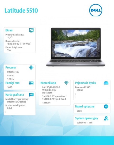 Dell Laptop poleasingowy Latitude 5510 Core i5-10210U (10-gen.) 1,6 GHz / 16 GB / 256 SSD / 15,6" FullHD touch/ Win 11 Prof.