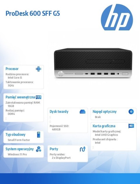 HP Inc. Komputer poleasingowy ProDesk 600 G5 SFF Core i5 9500 (9-gen.) 3,0 GHz / 16 GB / 480 SSD / Win 11 Prof.