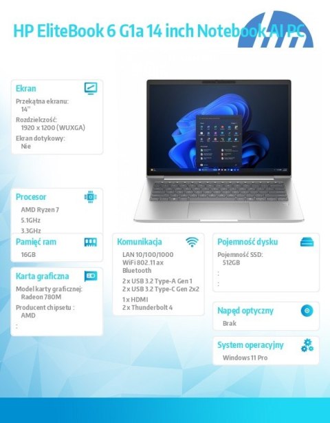 HP Inc. Notebook EliteBook 6 G1a R7-250 512GB/16GB/W11P/14 cali C51N4ET