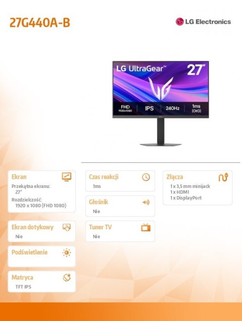 LG Electronics Monitor 27G440A-B 27 cali Ultra Gear FHD 240Hz