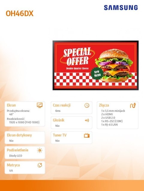 Samsung Monitor profesjonalny 46 cali 1920x1080 VA Tizen 8.0 WiFi/BT OH46DX LH46OHDEBGBXEN