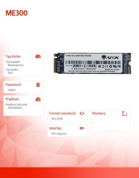 AFOX Dysk SSD ME300 M.2 PCI-Ex4 128GB TLC 1,6 GB/s NVMe