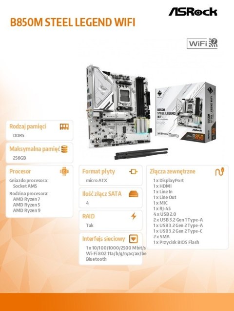 ASRock Płyta główna B850M STEEL LEGEND WIFI AM5 4DDR5 HDMI/DP mATX