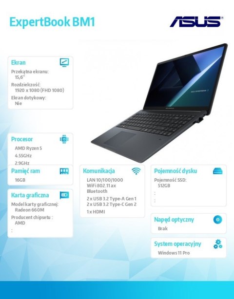 Asus Notebook ExpertBook B1 BM1503CDA-S70989X - Ryzen R5 7535U/16GB/512GB/15.6 FHD/Win 11 PRO/3YRS