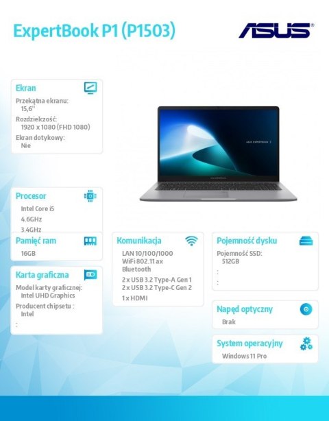 Asus Notebook ExpertBook P1 P1503CVA-S71231 - i5-13420H/16GB/512GB/15.6 FHD/NoOS/3YRS