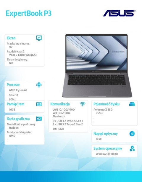Asus Notebook ExpertBook P3 PM3606CKA-MB0200W - Ryzen AI 5 330/16GB/512GB/16 WUXGA/Win 11 HOME/3YRS