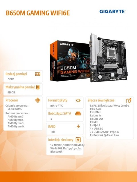 Gigabyte Płyta główna B650M GAMING WIFI6E 2DDR5 HDMI/dsub M2 m.ATX