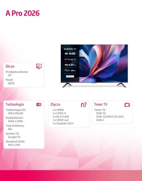 XIAOMI Telewizor TV A Pro 2026 50 cali