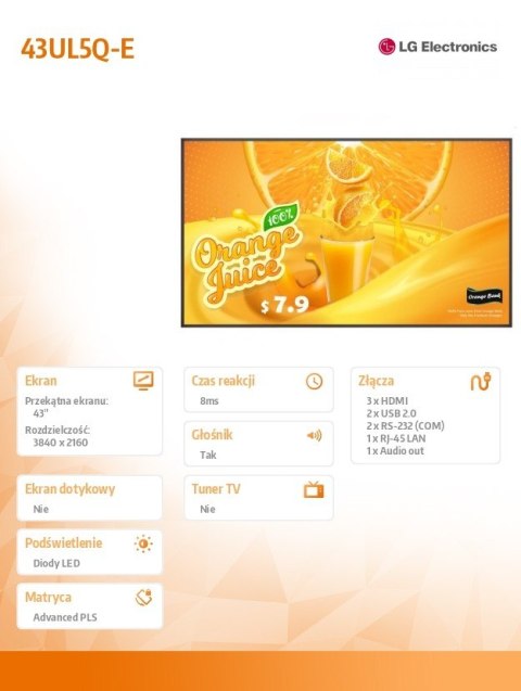 LG Electronics Monitor wielkoformatowy 43UL5Q-E 500cd/m2 UHD 24/7