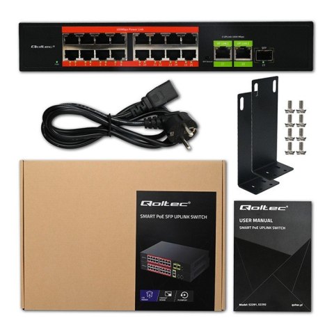 Qoltec Przełącznik sieciowy SWITCH FAST Ethernet PoE | 16x RJ45 10/100 Mb/s | 2x RJ45 Uplink 1000 Mb/s | 1x SFP 1000Mb/s