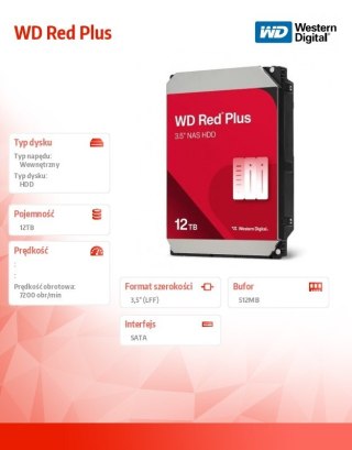 Western Digital Dysk HDD Red Plus 12TB 3,5'' 512MB/7200RPM WD120EFGX