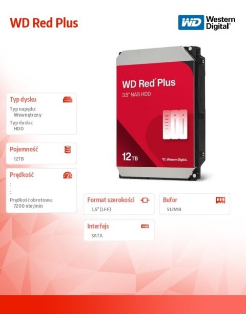 Western Digital Dysk HDD Red Plus 12TB 3,5'' 512MB/7200RPM WD120EFGX