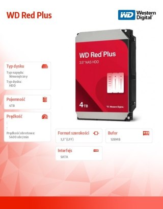 Western Digital Dysk HDD Red Plus 4TB 3,5'' 128MB/5400RPM WD40EFZZ