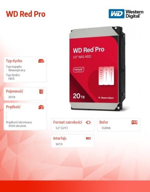 Western Digital Dysk HDD Red Pro 20TB 3,5'' 512MB/7200rpm WD202KFGX