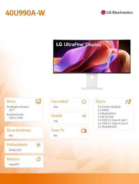 LG Electronics Monitor wielkoformatowy 40 cali 40U990A-W