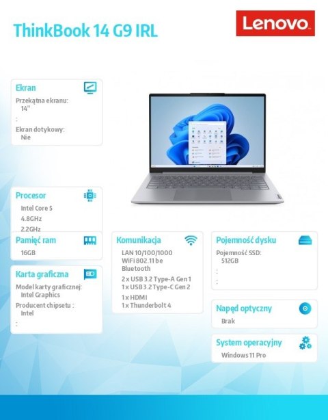 Lenovo Laptop ThinkBook 14 G9 21UY007EPB W11Pro Core 5 210H/16GB/512GB/INT/14.0 WUXGA/Luna Grey/3YR OS + 1YR CI + CO2 Offset
