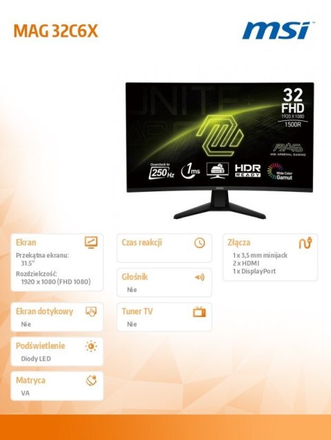 MSI Monitor 31.5 cala MAG 32C6X LED/FHD/Curved/250Hz/czarny