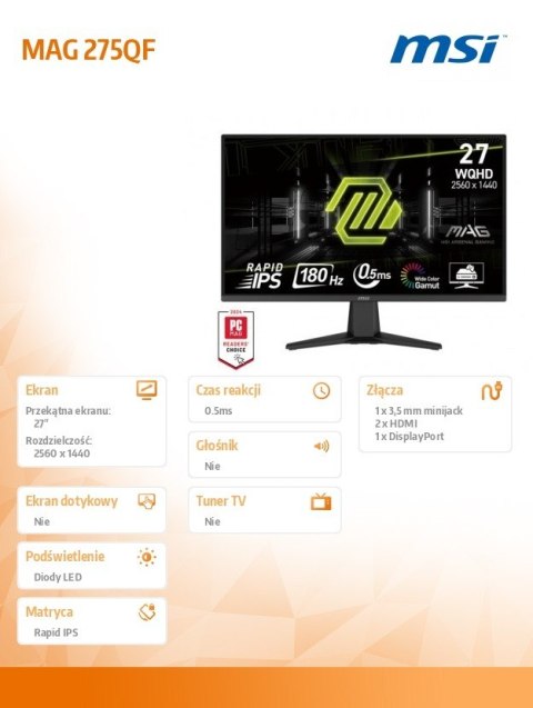 MSI Monitor MAG 275QF 27 cali/LED/QHD/Flat/180Hz/Black