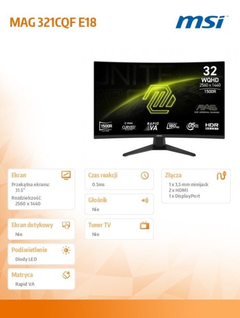 MSI Monitor MAG 321CQF E18 31.5 cala LED/WQHD/LED/Curved/180Hz/czarny