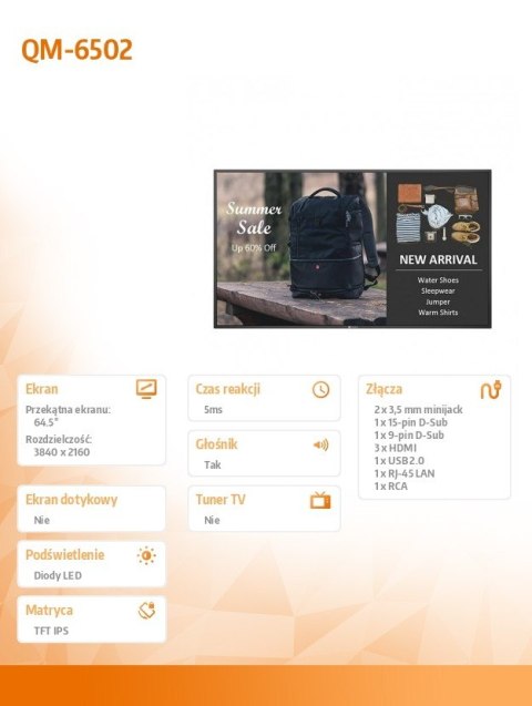 AG NEOVO Monitor 65 cali QM-6502 4K UHD IPS 400cd/m2 4000:1