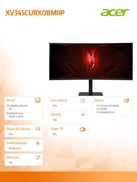 Acer Monitor 34 cale XV345CURX0BMIIP VA 200Hz HDMIx2 DPx2