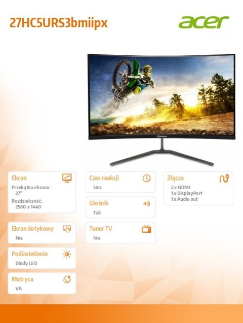 Acer Monitor AOPEN 27 cali 27HC5URS 27HC5URS3bmiipx
