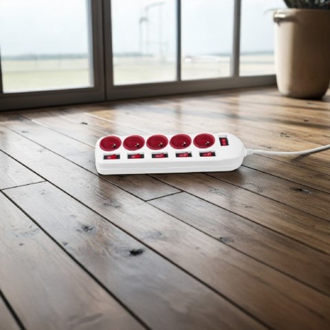 Maclean Listwa zasilająca 5 gniazd z włącznikami MCE204 R/W Biało-czerwona