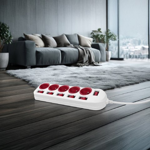 Maclean Listwa zasilająca 5 gniazd z włącznikami MCE204 R/W Biało-czerwona